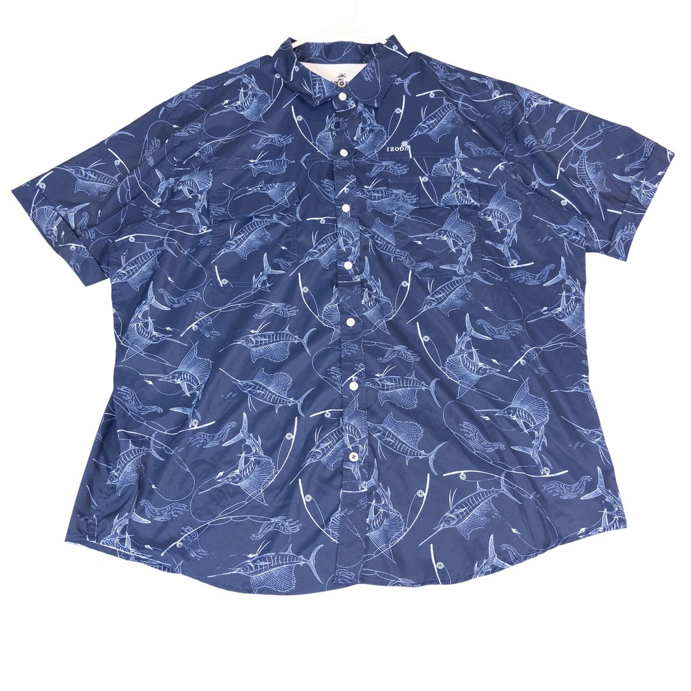 IZOD Saltwater Mens XXL Navy Blue Marlin Fishing Graphic Short Sleeve Shirt